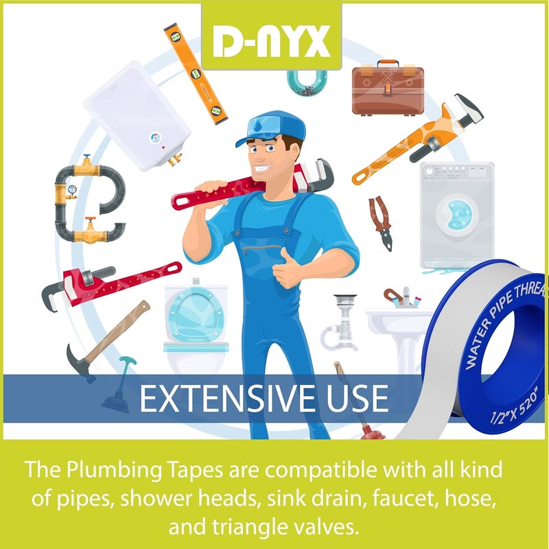 D-NYX 4 Rolls 1/2 Inch(W) X 520 Inches(L) Teflon Plumbers Tape, Duct Sealant Tape for Shower Head, Plumbing Thread Tap, Water Pipe Sealing Plumbers PTFE Thread Seal (5 Pack) - Image 4